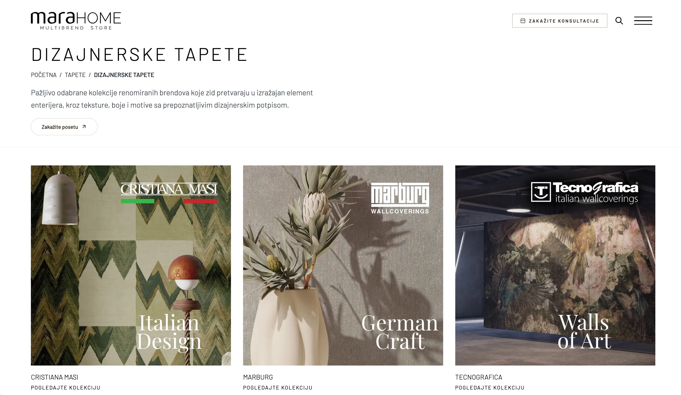 Početna strana sajta MaraHome, katalog tapeta, zavesa i tepiha